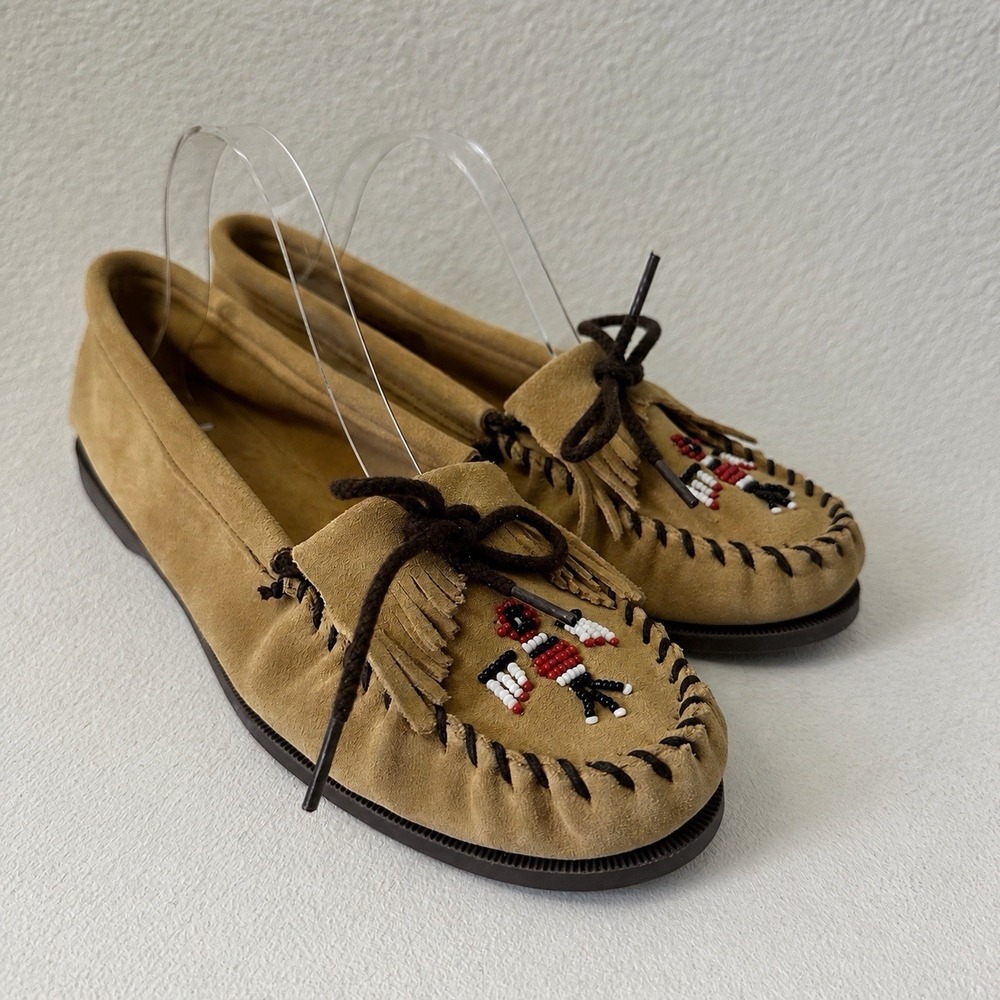 MINNETONKA MOCCASINS Beaded Suede Leather Thunderbird Slip-On Tan Size 11 Shoes